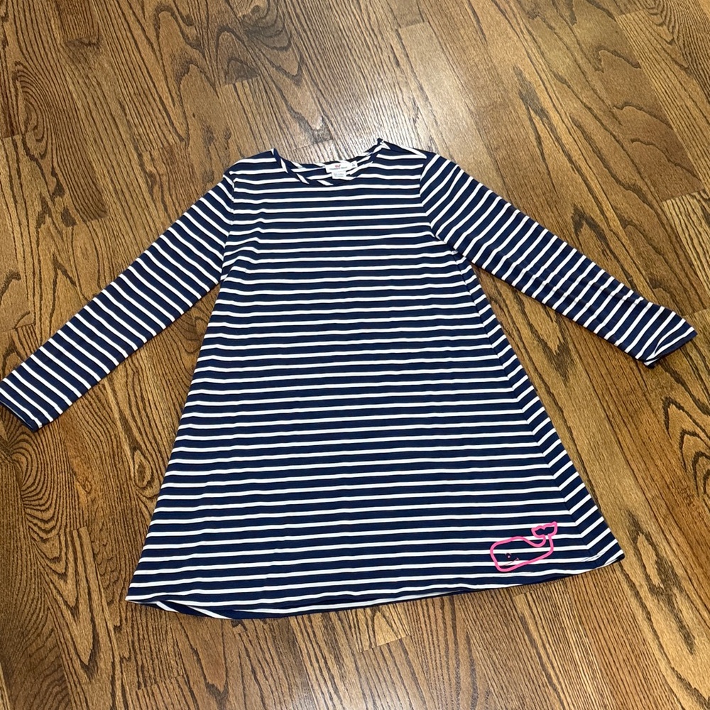 Vineyard Vines Navy and White Striped Swing Dress with Pink Whale - Size 14